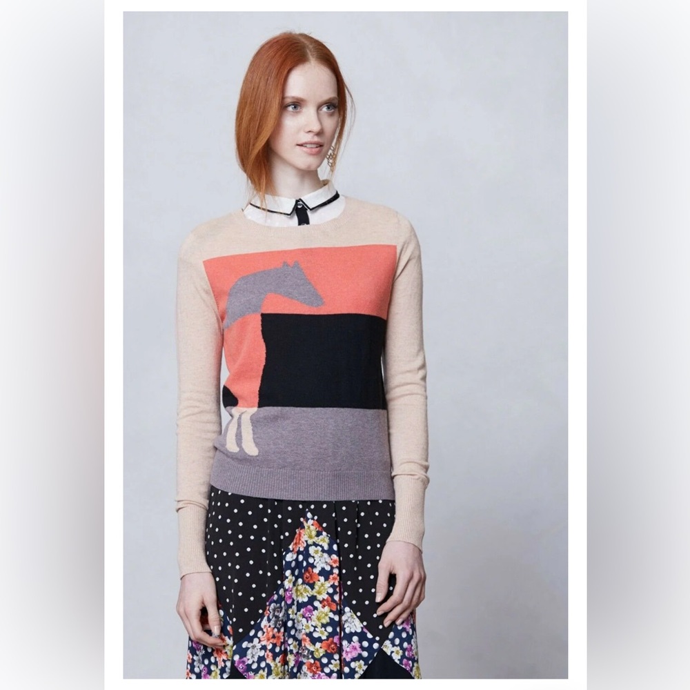 Anthropologie Lusitanio Colorblock Horse Sweater - Coral, Black, Gray, Cream sm